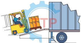 Xe tải hàng cao hơn dock leveler xe nâng có thể chạy lên dốc thông qua dock để vào xe chở hàng giúp an toàn cho người và hàng hóa